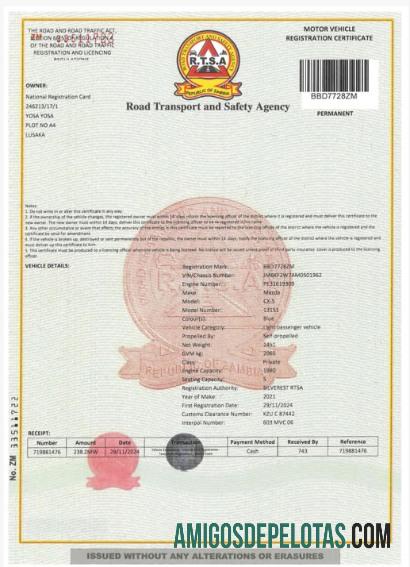 Zambia Vehicle Registration Certificate exemplo
